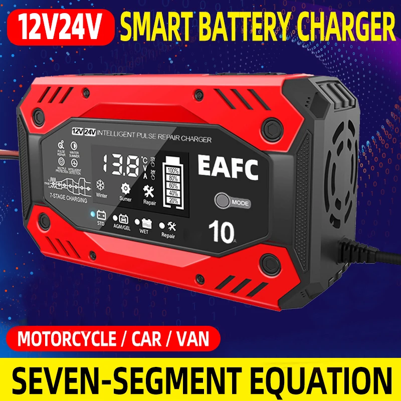 EAFC 12V/24V Vollautomatisches Batterieladegerät 7-Segment-Smart-Autobatterie-Ladegerät Pulsreparatur zum Laden von Blei-Säure Image