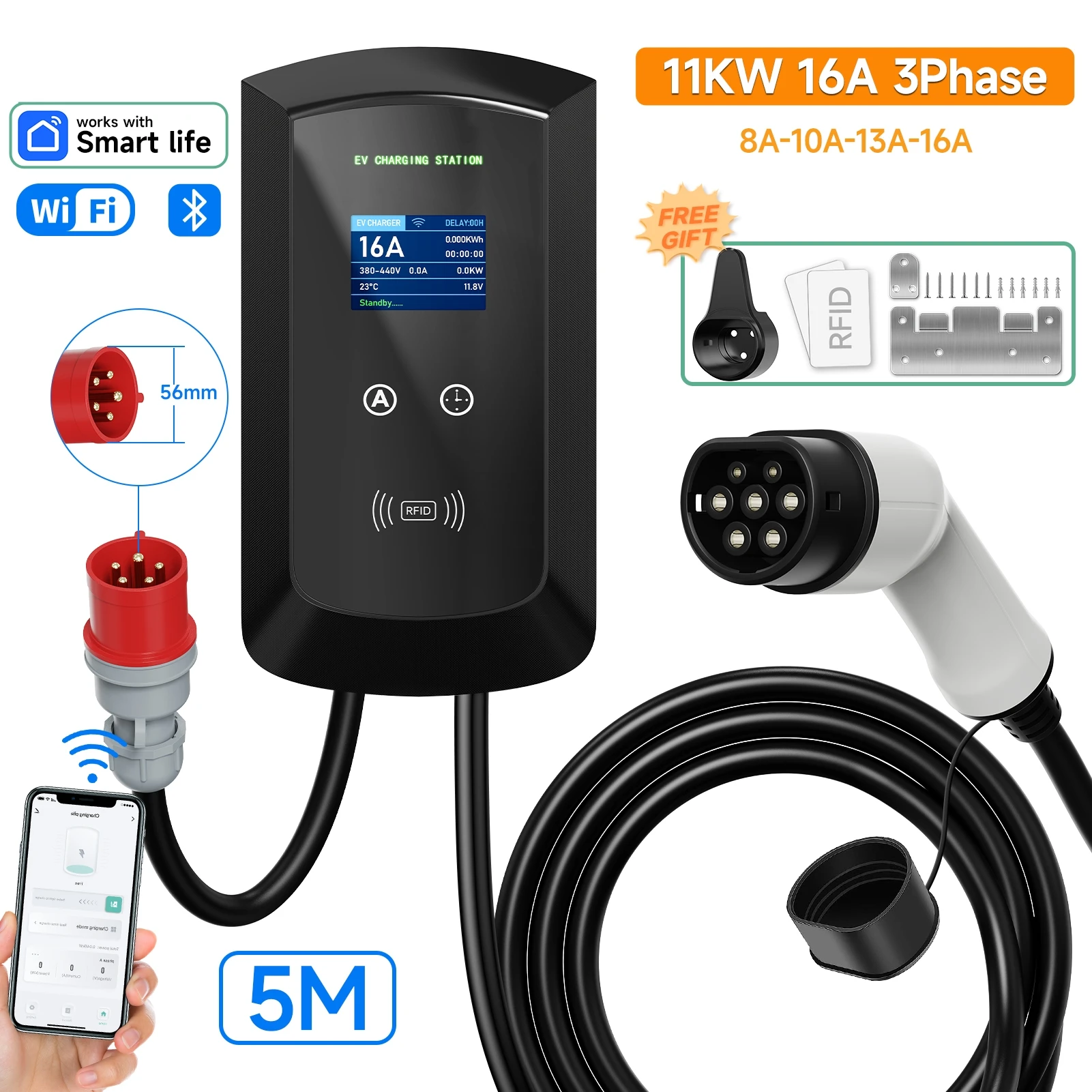 JNTAFEV 32A EV-Ladestation 22KW 7,6KW Schnellladegerät 16A 11KW Typ 2 EV-Ladegerät 3/1-Phasen EVSE Wallbox mit App-Steuerung Image