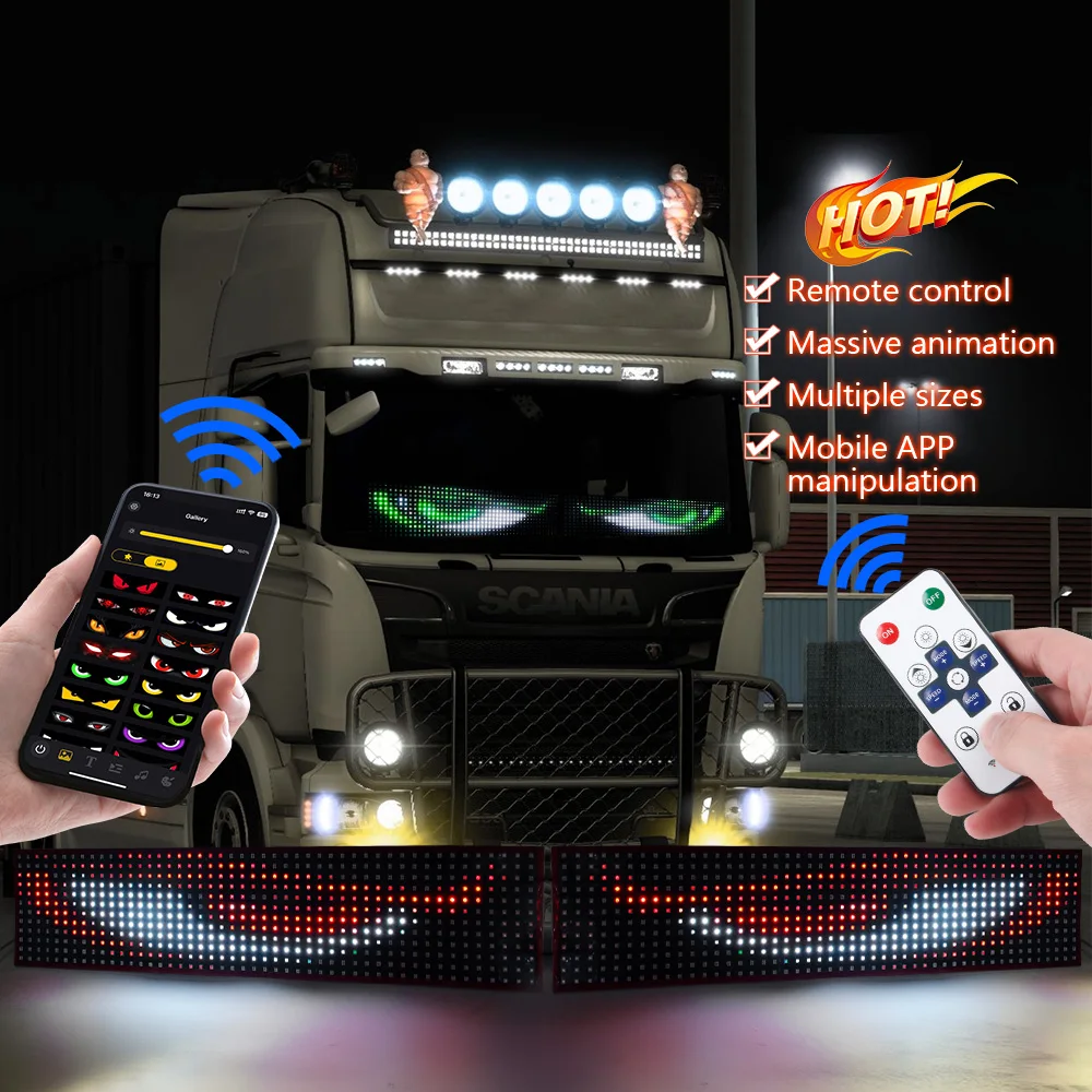 APP Große LED Lkw Auto Teufel Auge Licht Fernbedienung Benutzerdefinierte Text Muster Beleuchtung Display Scrollen Für Bord Windschutzscheibe 24V Image