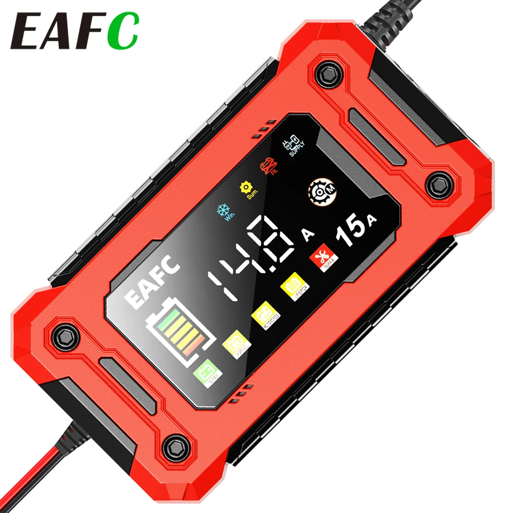 12V15A/8A Intelligentes Autobatterieladegerät, großes LCD-Display, funktioniert mit Lithium-AGM-Blei-Säure-GEL-Batterien für Autos, Motorräder und SUVs Image