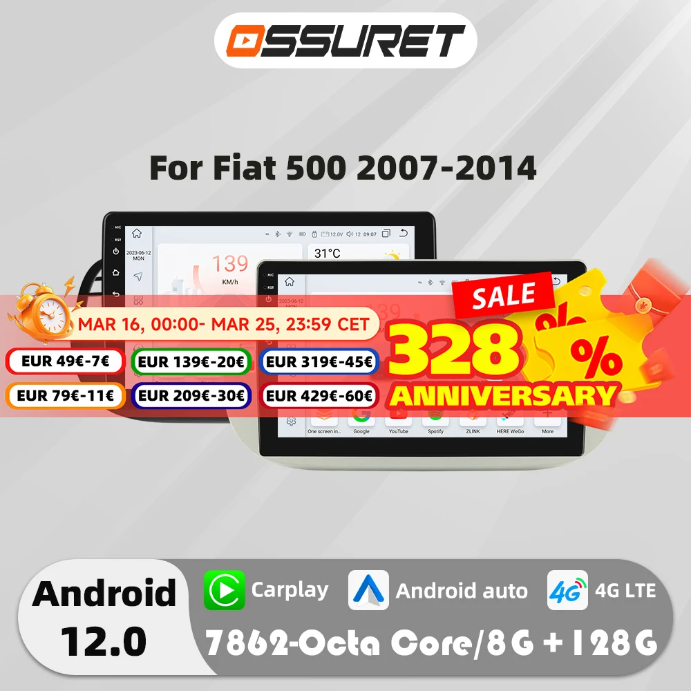 4G 8 Core Android Auto radio GPS Stereo Für Fiat 500 2007-2014 Multimedia Video player 2DIN Autoradio DSP carplay 7862 Kopf Einheit Image