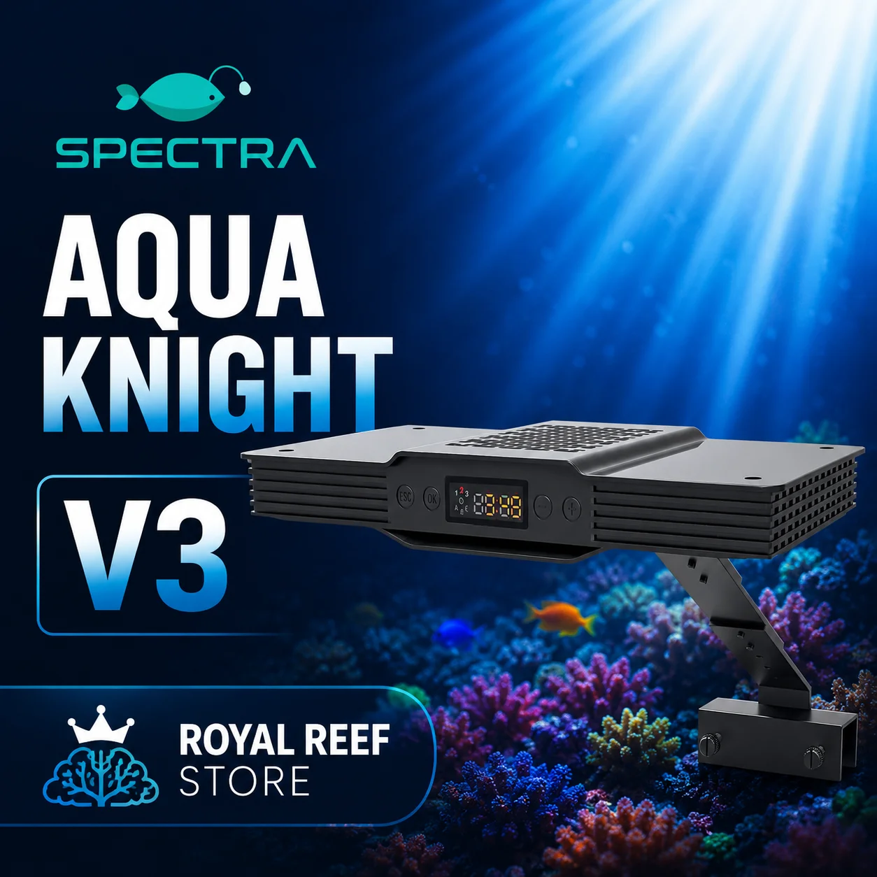 Spectra Aqua Knight V3 60W Vollspektrum-Riff-LED-Beleuchtung Programmierbar mit Sonnenaufgang- und Sonnenuntergangssimulation für Meerwasser-Korallen-Salzwasser-Aquarien Image