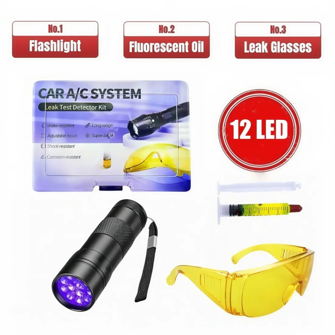 Auto-Klimaanlage, A/C-System, Lecktest-Detektor-Set, 12 LEDs, UV-Taschenlampe, Schutzbrille, UV-Farbstoff-Werkzeug-Set Image