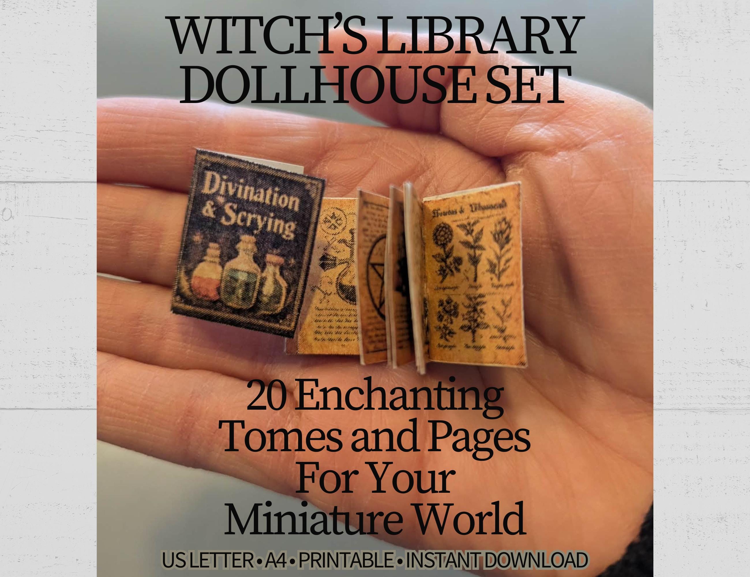 Libri di streghe stampabili per la biblioteca delle case delle bambole, grimori in miniatura e libri di incantesimi con pagine interne, mini libri got