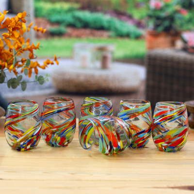 Whirling Rainbow,'6 Modern Handblown Recycled Glass Stemless Wine Glasses'