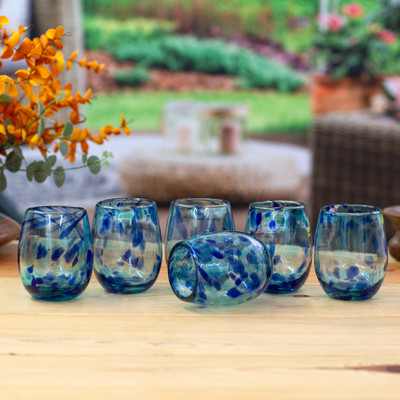 All About Blue,'6 Abstract Handblown Recycled Glass Stemless Wine Glasses'