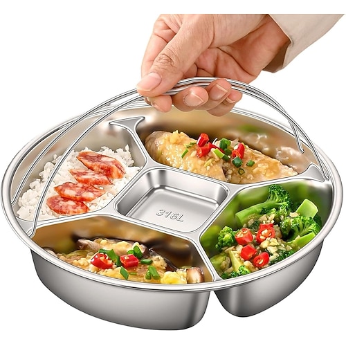 Servierplatte aus Edelstahl 316L mit 5 unterteilten Fächern, mehrteiliger Speisetablett-Organizer für Snacks, Obst, Desserts und Vorspeisen, unterteilte Servierplatte für Hauspartys und Bewirtung Image