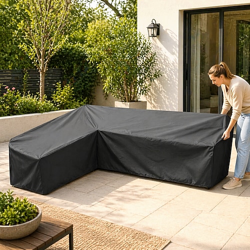 L-förmige Gartenmöbelabdeckungen, wasserdichte und staubdichte Schutzhülle für Terrassenmöbel, Essgruppen, Sofas und Rasenflächen im Winter (215 x 215 x 87 cm, schwarz) Image