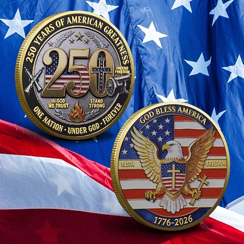 Gedenkmünze zum 250. Jahrestag der USA, patriotische Sammlermünze mit Adler, Kreuz und amerikanischer Flagge Freedom Design, langlebiges Souvenir aus Metall zur Präsentation, 1776–2026 Image