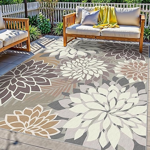 Outdoor-Teppich 5x8ft wasserdicht mehrfarbiger Indoor-Teppich waschbar Outdoor-Terrassenteppich tropisches Blumenmuster rutschfester Outdoor-Teppich für Wohnzimmer, Pool, Garten, Terrasse, Camping. Image