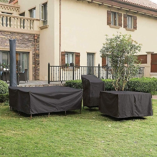 Schwarze rechteckige Schutzhülle für Gartenmöbel aus 210D Oxford-Gewebe, wasserdicht, staubdicht und UV-beständig (180 x 150 x 80 cm), mit Kordelzug. Image