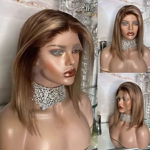 Echthaar 5x5 Verschluss 13x4 Spitzenfront Perücke Kurzer Bob Brasilianisches Haar Glatt Blond Hellbraun Mehrfarbig Perücke 150% 180% Haardichte mit Babyhaaren Ombre-Haar Hervorgehobenes Image