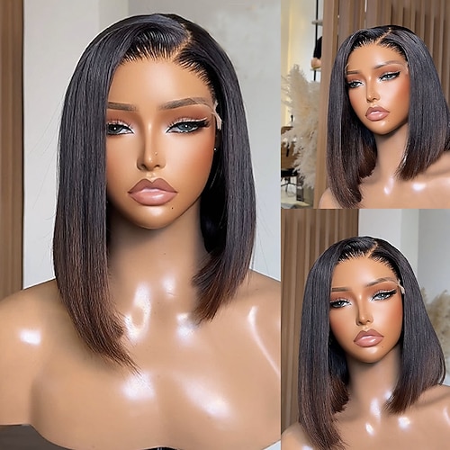 Echthaar 5x5 Verschluss 13x4 Spitzenfront Perücke Kurzer Bob Brasilianisches Haar Glatt Natürlich Perücke 150% 180% Haardichte mit Babyhaaren Ombre-Haar Natürlicher Haaransatz 100% Unbehandelt Image