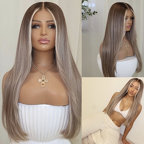 Brasilianische Echthaarperücke mit 5x5-Closure, 13x4-Spitzenfrontperücke, glattes Ombré-Aschblond mit Balayage-Strähnen, Babyhaaren und natürlichem Haaransatz Image