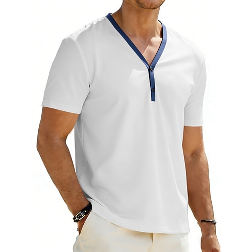 Herren T Shirt Henley Hemd Kurzarmshirt Kurzarm V Ausschnitt Sommer Frühling Farbblock Mode Streetwear Freizeit Knöpfe Täglich Urlaub Sport Outdoor Schwarz Weiß Blau Top T-Shirt für Herren Image