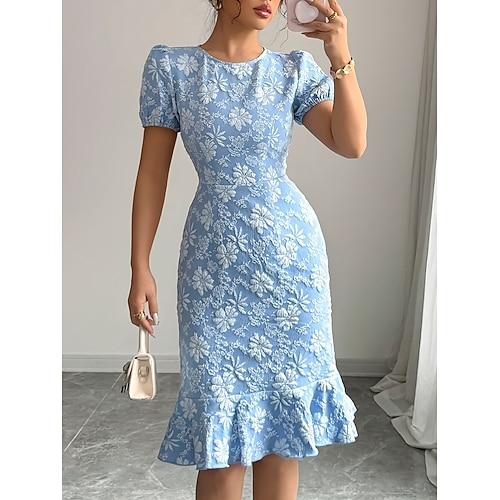 Damen Midikleid Spitzenkleid Bodycon Trompeten- Meerjungfrauenkleid Elegant Mode Modern Urlaub Hochzeit Ausgehen Normale Passform Blumen Kurzarm Rundhalsausschnitt Blau Schwarz Weiß Rosa Frühling Image