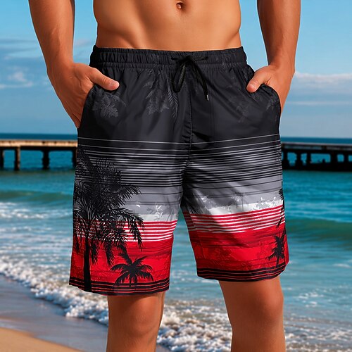 Herren Kokospalme Gestreift Tropische Pflanzen Badehosen Badeanzüge Badeshorts Boardshorts Mittlere Taille Hawaiianisch Strandurlaub Seitentaschen Netzfutter Elastischer Kordelzug in der Taille Image