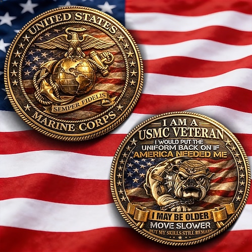 Gedenkmünze des US Marine Corps, patriotische Sammlermünze für USMC-Veteranen mit Adler und Globus Anker, Design mit amerikanischer Flagge, robustes Souvenir aus Metall zur Dekoration Image