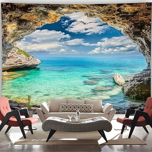 3D-Wandteppich mit Meereshöhle, Ozean-Strandlandschaft, türkisfarbenem Meer und blauem Himmel, Naturmotiv, großes Stoffposter für Wohnzimmer, Schlafzimmer, Küstenhaus-Dekoration Image
