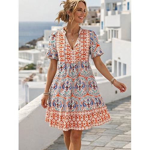 Damen Knielanges Kleid Boho-Kleid Hemdblusenkleid Elegant Bohemien Ethnisch Strand Ferien Lässiger Schnitt Grafik Geometrisch Kurzarm Stehkragen Blau Rosa Orange Sommer Frühling Image
