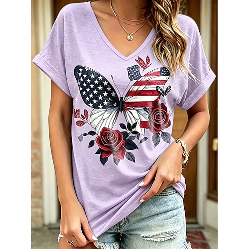 Amerikanischer Unabhängigkeitstag Damen T Shirt Druck Grafik Amerikanische Flagge Vintage Stilvoll Lässig Kurzarm V Ausschnitt Normale Oberteile Lässig Täglich Wochenende Blau Schwarz Weiß Purpur Image