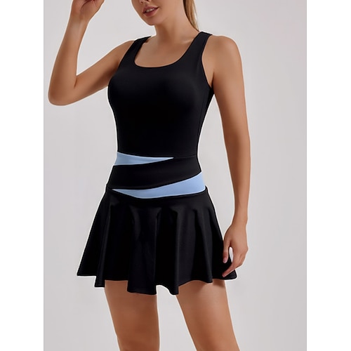 Damen Patchwork Tenniskleid mit Shorts Sportkleid Ärmellos Tasche Elastisch Schweißableitend Atmungsaktiv Tennis Golfspiel Laufen Rundausschnitt Kleid Schwarz Blau Tennisbekleidung Image