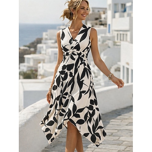 Damen Midikleid Boho-Kleid Sommerkleid Elegant Bohemien Urlaub Strand Ferien Normale Passform Grafik Blatt Ärmellos V Ausschnitt Blau Purpur Beige Sommer Frühling Image