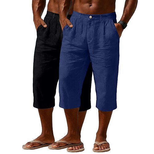 Herren Capri-Shorts Leinenshorts Freizeitshorts Tasche Elastischer Bund Einfach Komfort Atmungsaktiv Wadenlang Täglich Outdoor Strand Urlaub Mode SchwarzMarineblau Marineblau Grau Unelastisch Image