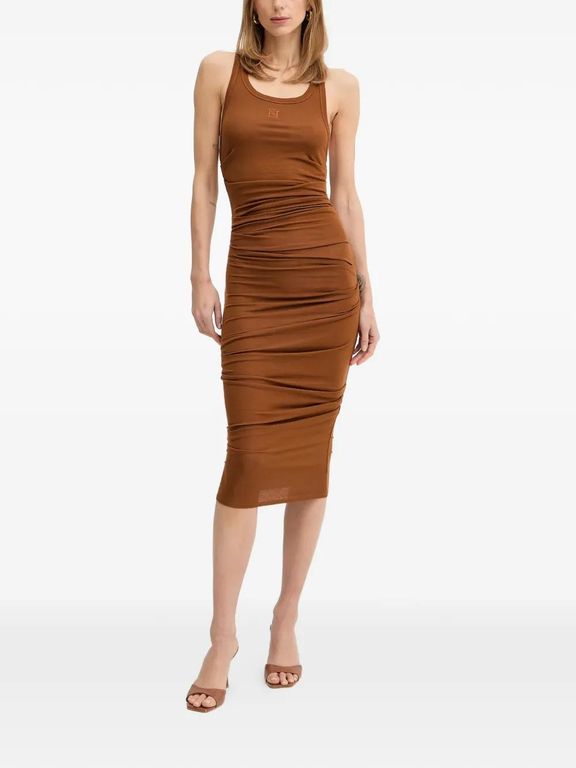 Logo-Embroidered Ruched Midi Dress - Brown - Elisabetta Franchi Dresses