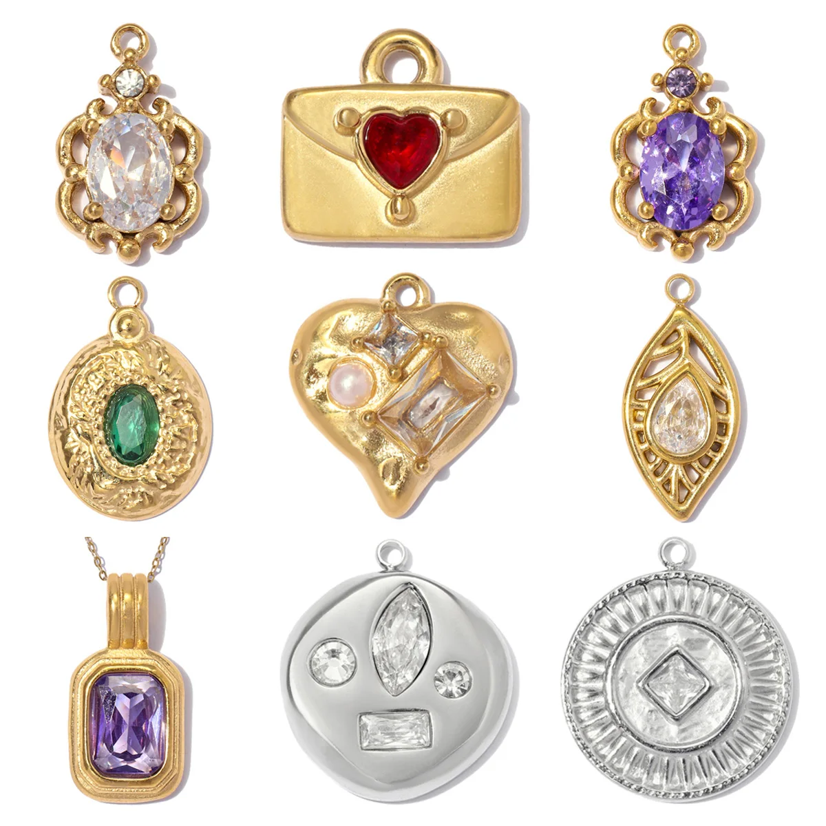 Set di 3 Ciondoli in Acciaio Inox con Zirconi, Charms Fai-da-Te a Forma di Fiore, Busta, Cuore, Foglia e Cerchio per Collane da Donna, Vendita all'Ingrosso
