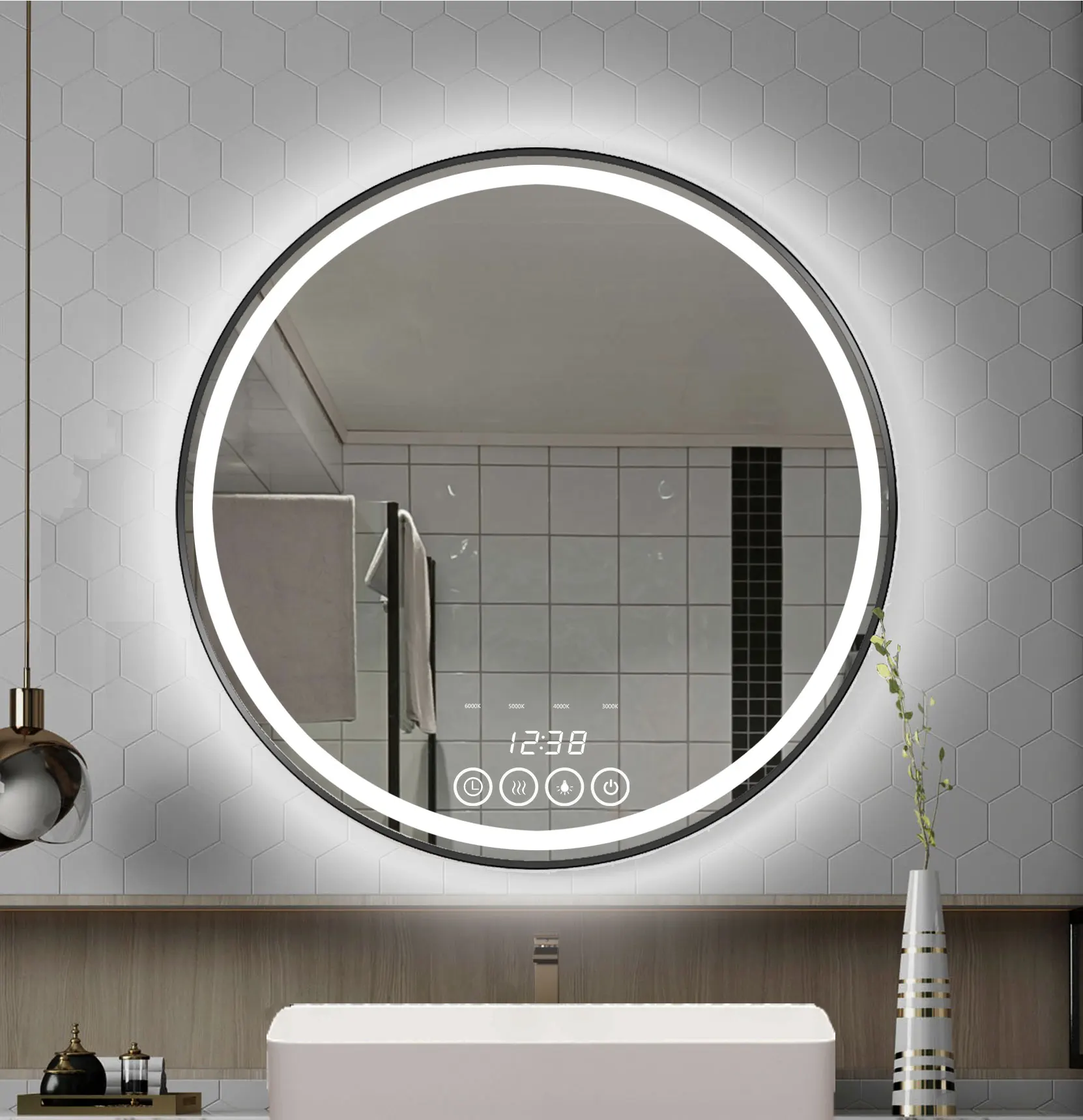 Specchio LED Rotondo da Bagno 60 cm, Luce Regolabile 3000K-K, Specchio da Parete Antiappannamento per Bagno, Trucco e Vanità, Design Moderno
