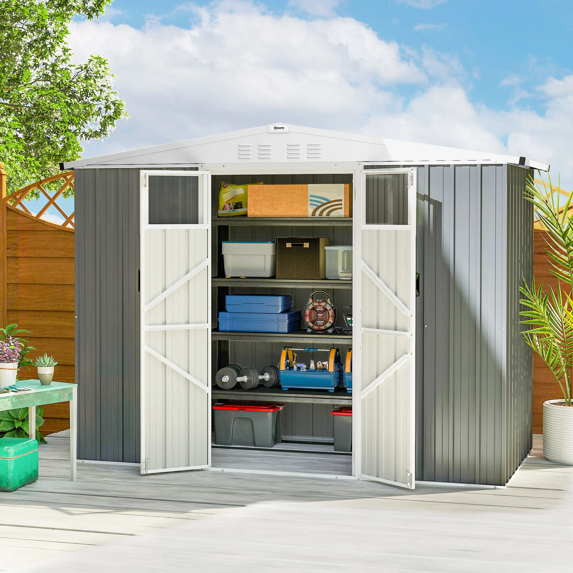 Outsunny Casetta da Giardino 2.7m² in Acciaio Zincato con 4 Prese d'Aria e 2 Finestre Trasparenti, Capanno Porta Attrezzi con Tetto Inclinato, Doppio Porte Bloccabili con Chiavi e Guanti Grigio Chiaro