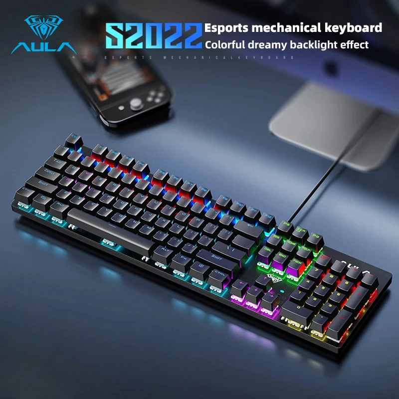 AULA S2022 Tastiera da gioco meccanica Retroilluminazione cablata 104 tasti Interruttore blu Copritasti ABS Tastiera meccanica Esports per PC portatile