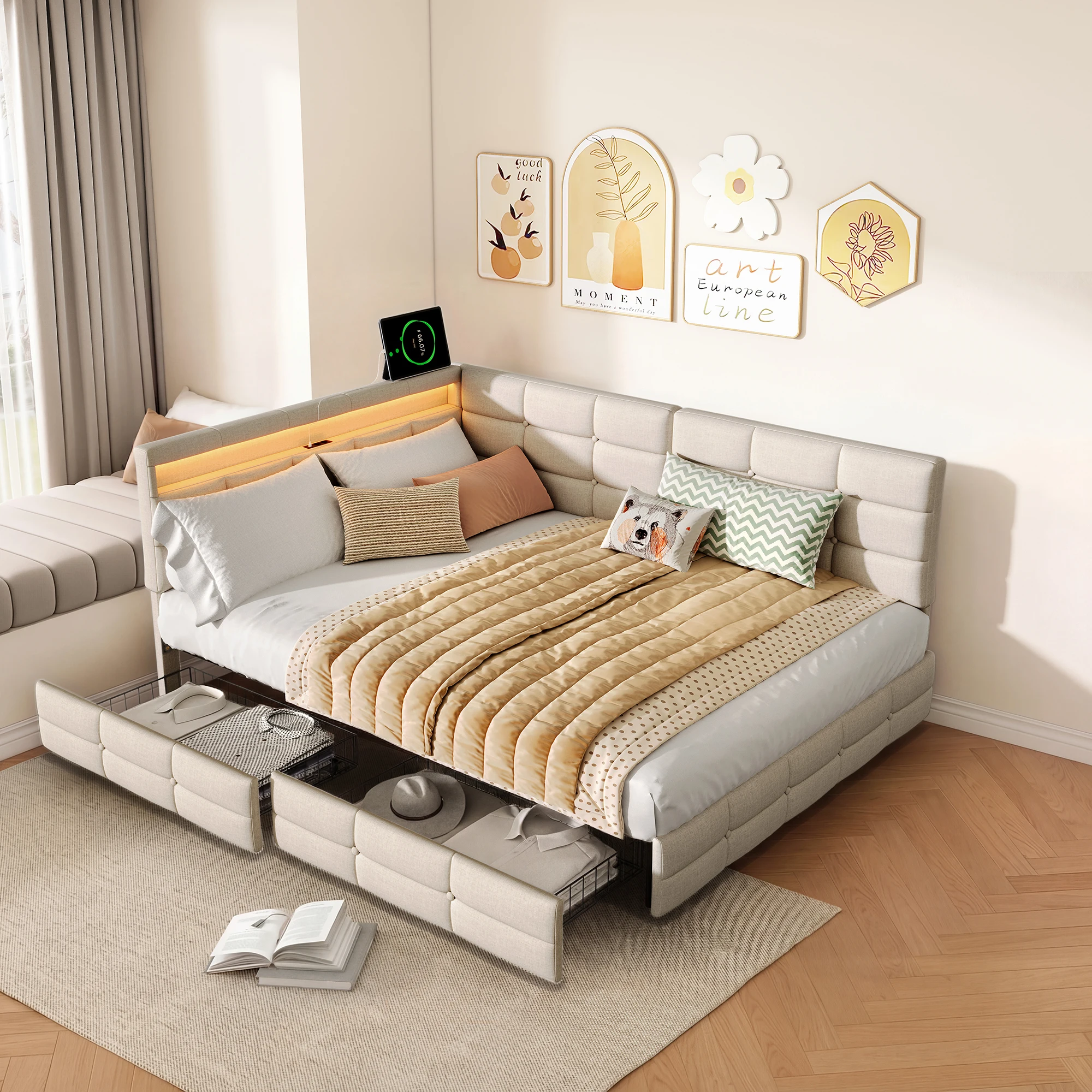Lit rembourré Comanlai 140x190cm, canapé-lit avec LED et station de charge, lit pour jeunes avec 2 tiroirs, sans matelas, linge de maison, beige
