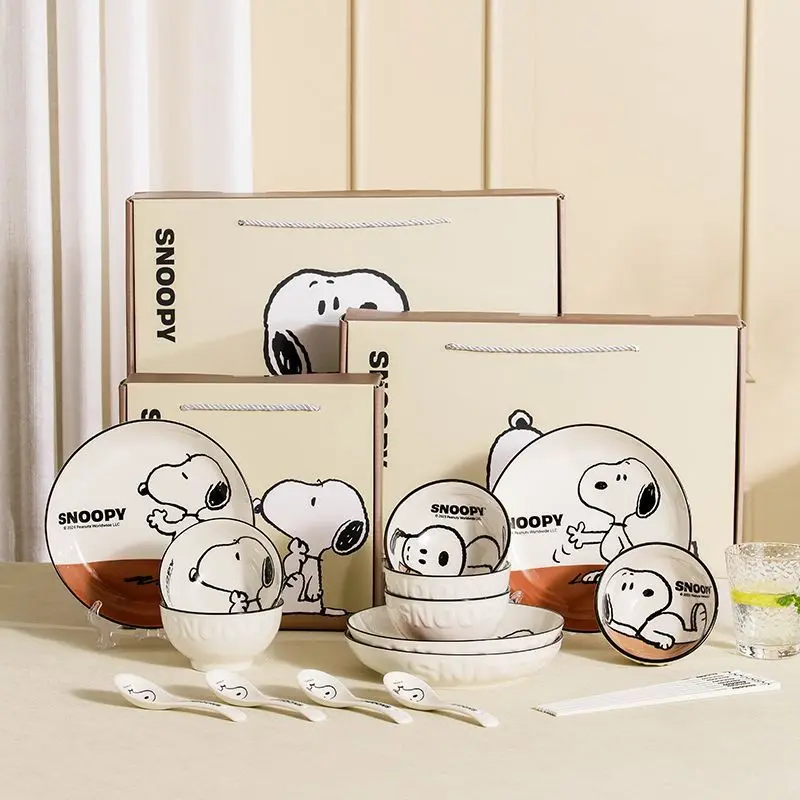 Kawaii Cute Snoopy Tableware Ceramic Bowl Beautiful And High-Value Kawaii Set Bowl Anime Cartoon Household Tableware Suit Gift