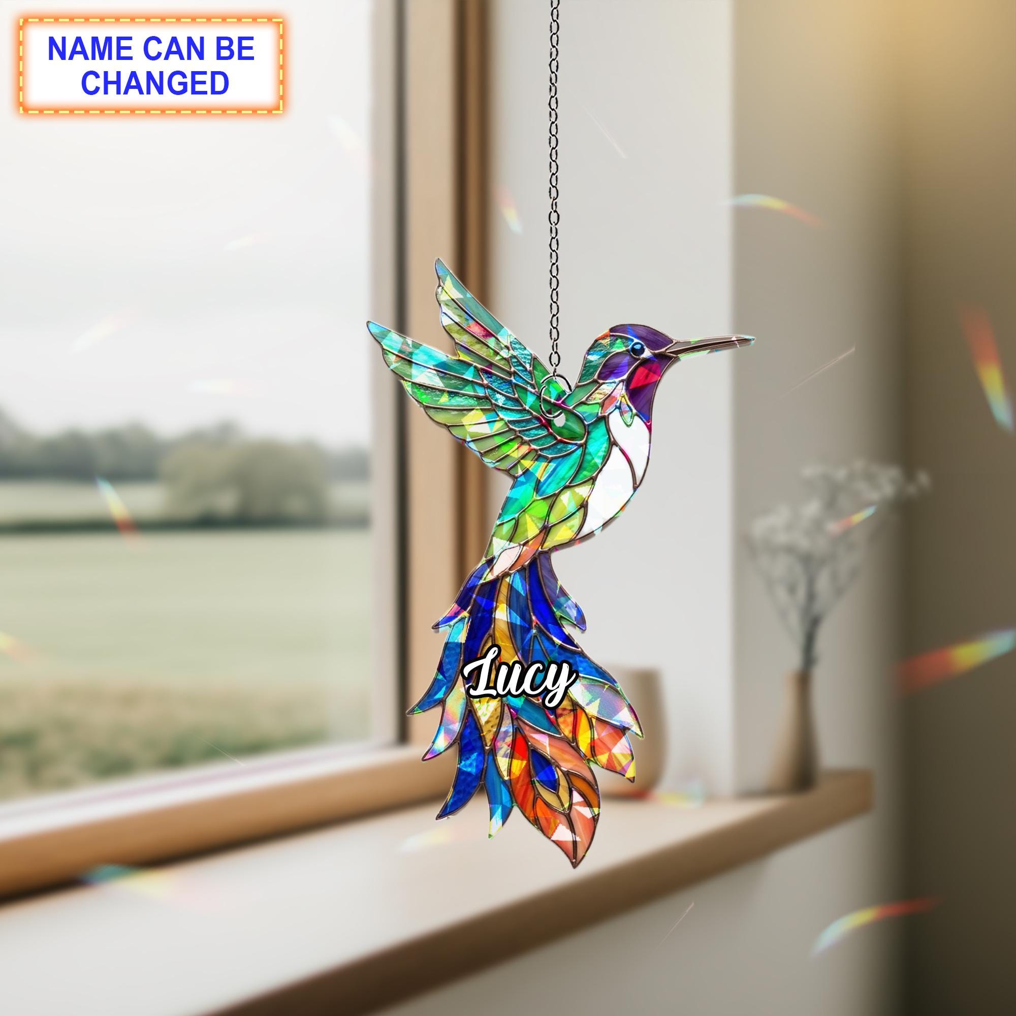 Acchiappasole personalizzato in acrilico con ologramma di colibrì, decorazione per finestra in stile vetrata con colibrì, decorazione colorata con ucc