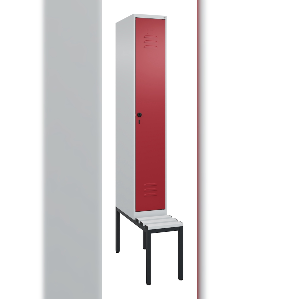 C+P Spind Classic PLUS, Kunststoff untergebaute Sitzbank, 1 Abteil, HxBxT 212x30x82cm, Sicherheitsdrehriegel, Hellgrau/Rubinrot von PROREGAL