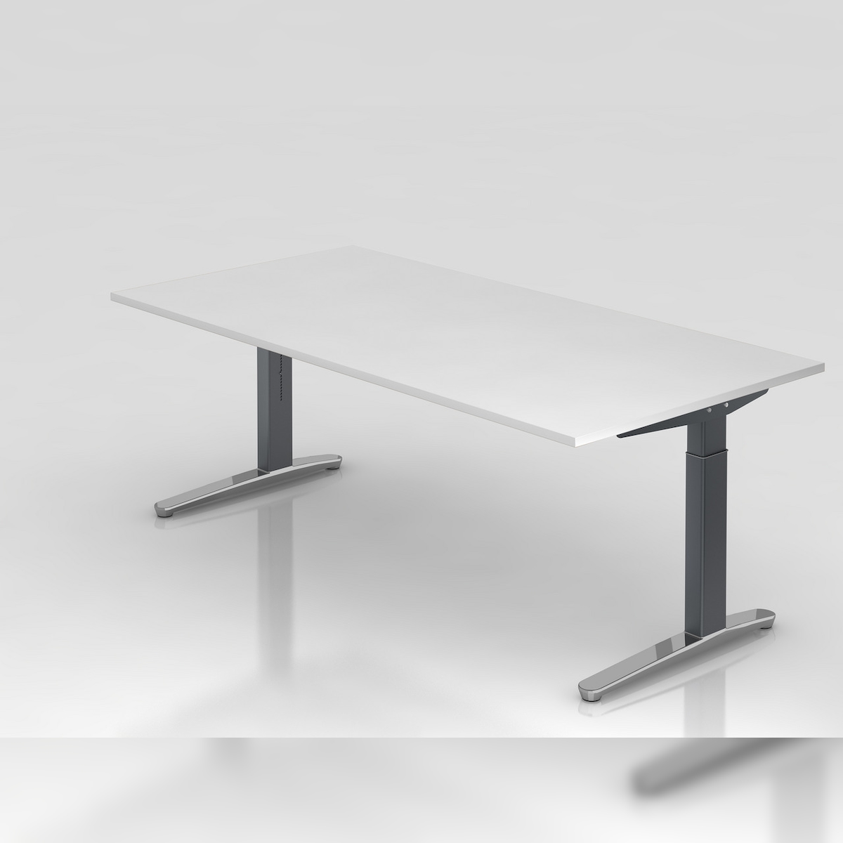 PROREGAL Schreibtisch Mika | Weiß | Graues Gestell poliert | BxT 200x100cm | Arbeitshöhe 65-85cm | höhenjustierbar, 1cm Raster | C-Fuß-Gestell Image