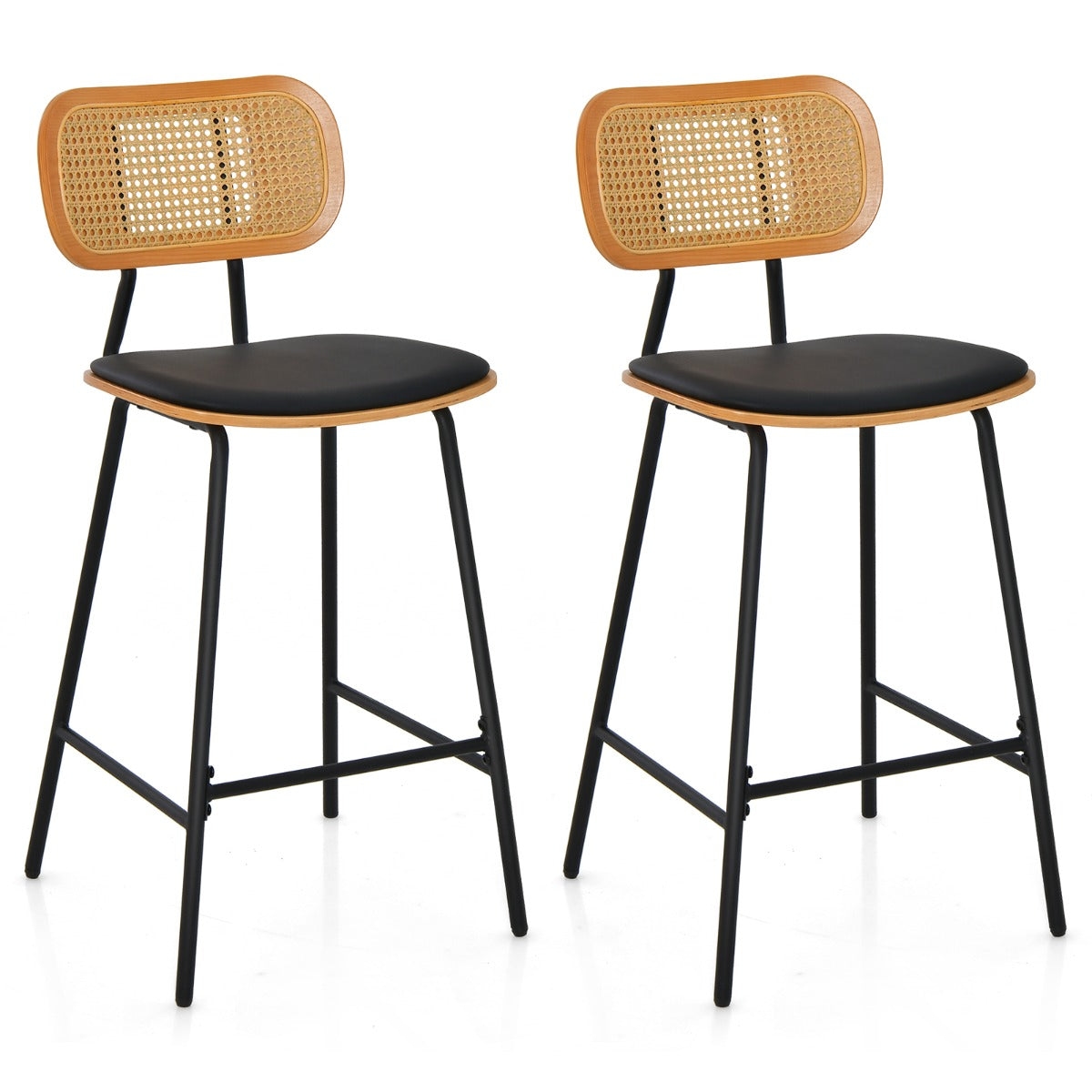 Helloshop26 - Set aus 2 Barhockern aus Rattan 45 x 45 x 94 cm ergonomische Rückenlehne modernes Design schwarzes Metall 20_0020164 Image