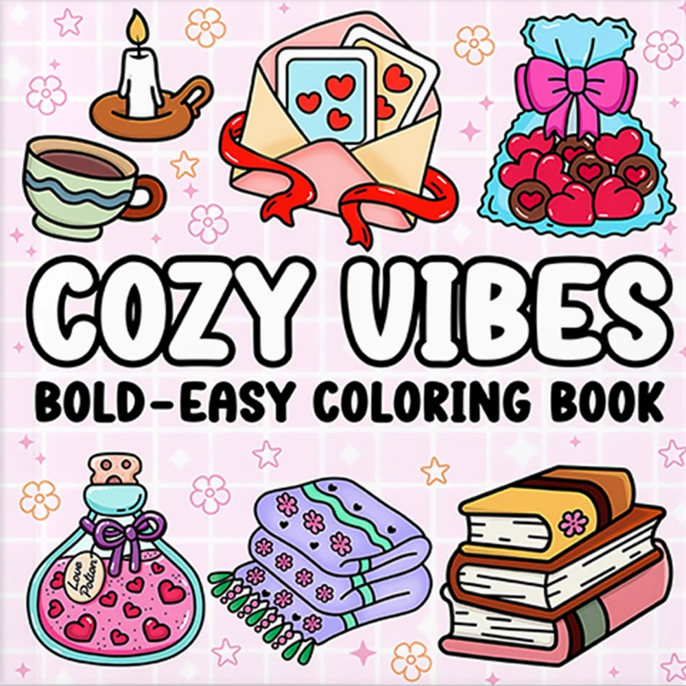COSY VIBES Malbuch mit kräftigen, einfachen Mustern für Erwachsene, niedliches Zeichenbuch, perfektes Geschenk für Party und Geburtstag Image