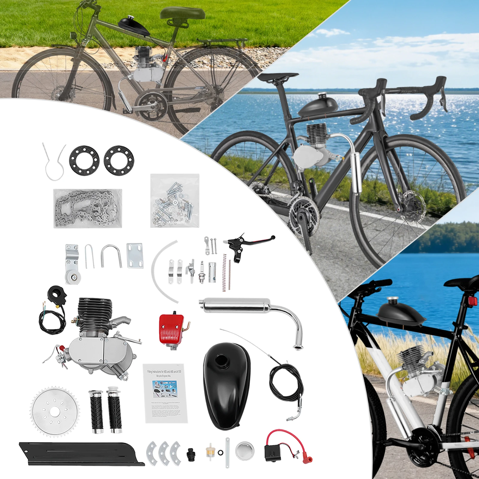 Motore a Benzina per Bicicletta 100cc a 2 Tempi, Motore a Benzina per Bici a 36 Denti, Kit Motore Completo per Moto 45km/h Monocilindrico