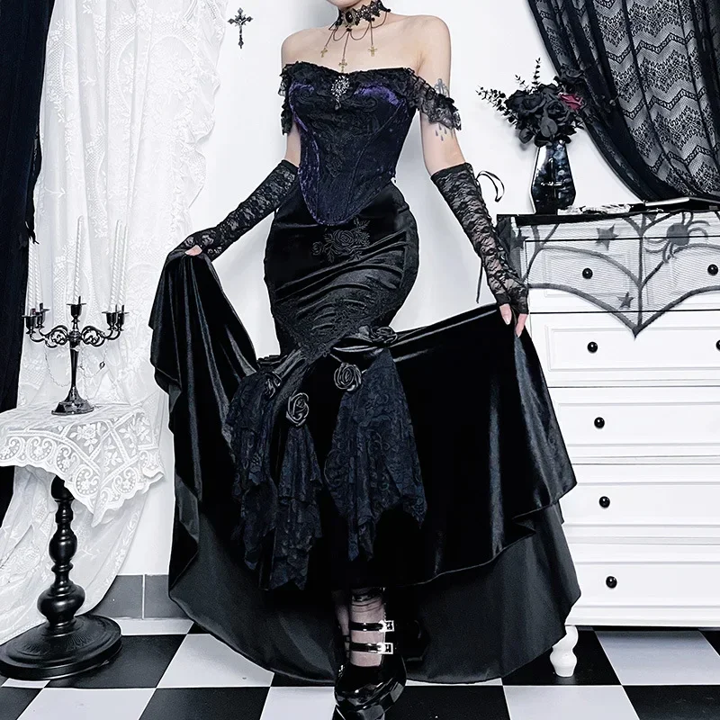 Mall Goth Samt Fischschwanz Rock Damen Vintage Jacquard Hip Wrap Fee Grunge Rock Viktorianisch Damen Steampunk Langer Rock Image