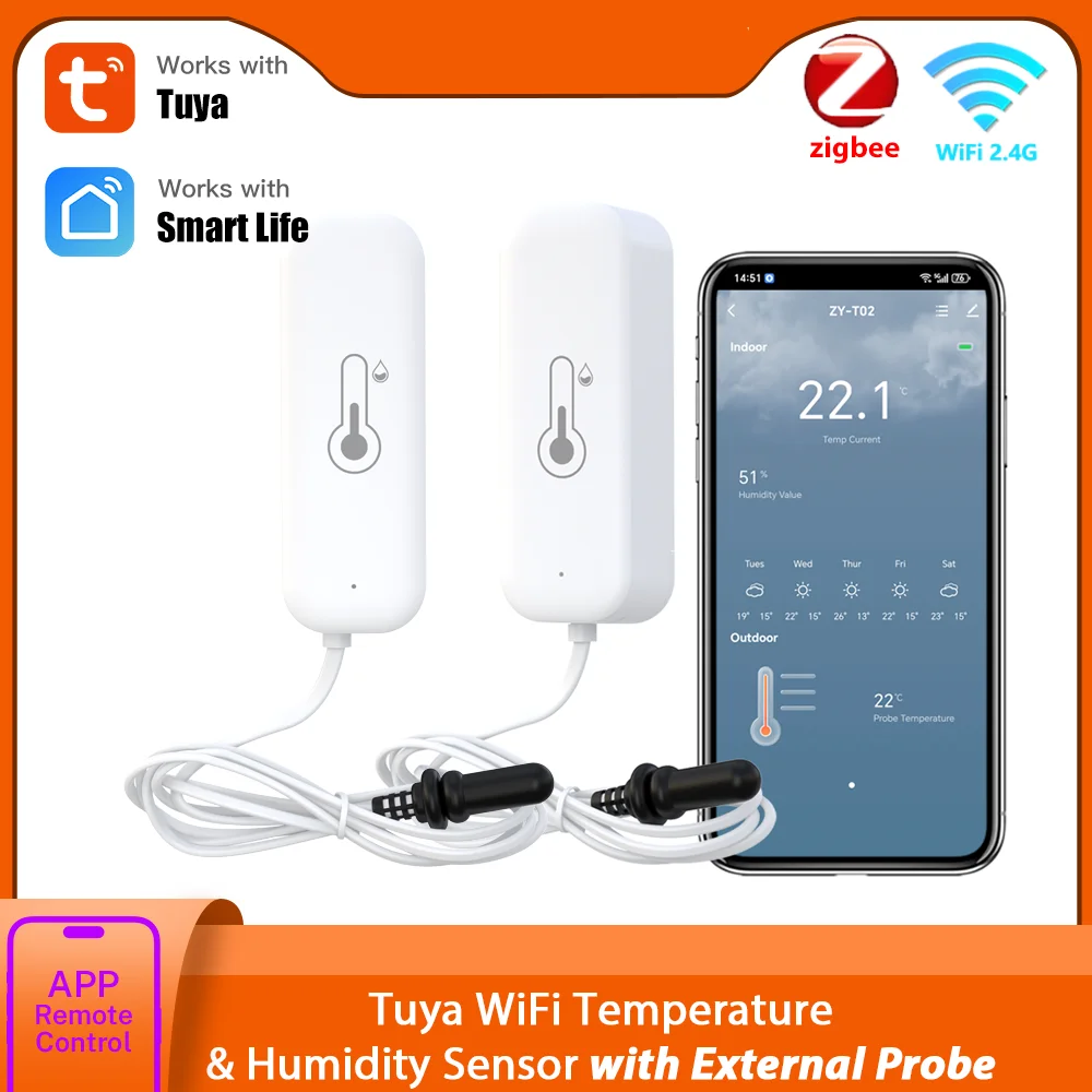 Tuya Zigbee WLAN Temperatur- und Feuchtigkeitssensor mit Externer Sonde Thermometer Hygrometer Kompatibel mit SmartLife Yandex Alexa Image
