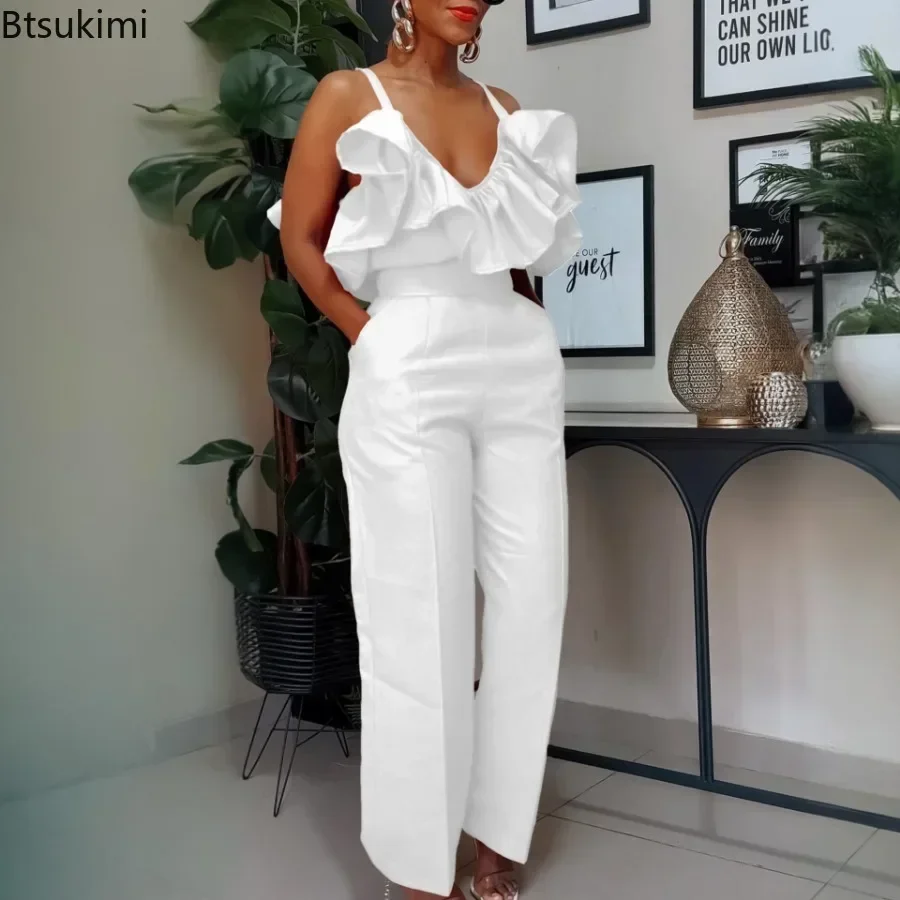2026 Set di pantaloni da donna estivi 2 pezzi Completi camicetta con scollo a V volant senza maniche e pantaloni lunghi set di pantaloni da donna eleganti dritti