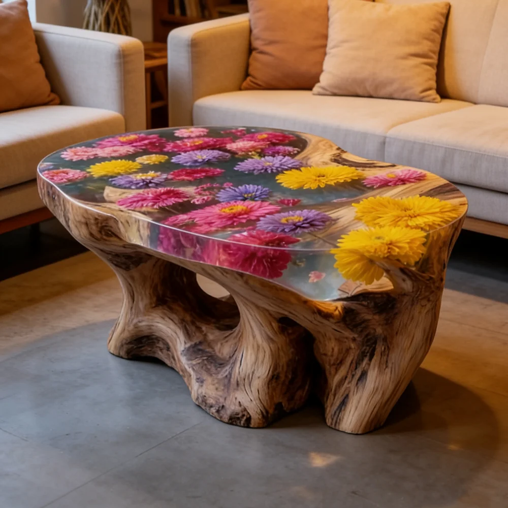 Maßgefertigter Luxus-Couchtisch aus Naturholz mit Epoxidharz und Trockenblumen – Modernes Kunsthandwerk für Ihr Wohnzimmer Image