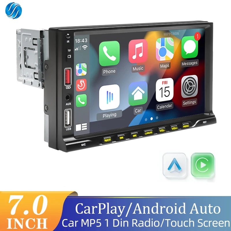 HIPPCRON Auto-MP5-Radio mit Carplay und Android Auto, 7-Zoll-HD-Touchscreen für Fahrzeug-Audioplayer, 1DIN, Mirror Link, Dual-USB Image