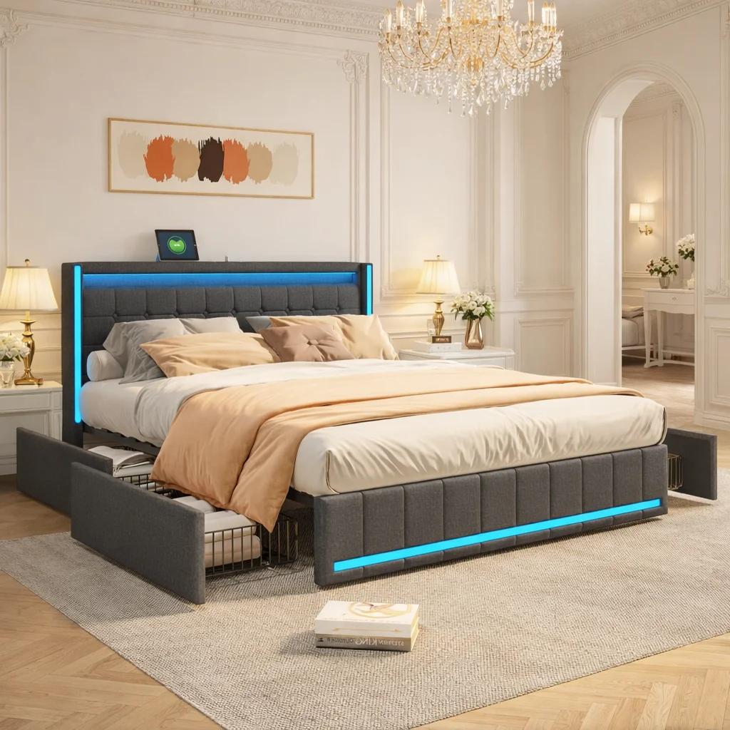 Polsterbett 140x200 cm mit 4 Schubladen Stauraum, Doppelbett mit LED Beleuchtung und USB Anschluss, Bettgestell mit Lattenrost, Stauraumbett aus Leinen, modernes Jugendbett Funktionsbett für
