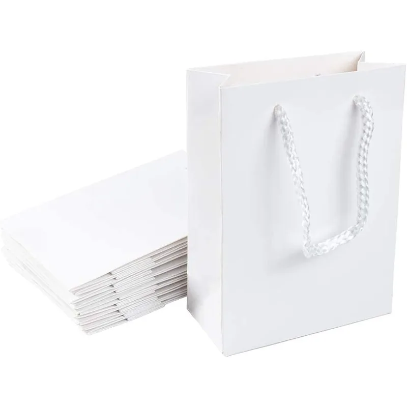 10 Stück Beutel mit Griffen, weiße Tragetaschen aus Papier mit Nylonschnur, Griffe, Einkaufs-Geschenktüten, wiederverwendbare Tragetasche für Geburtstag Image
