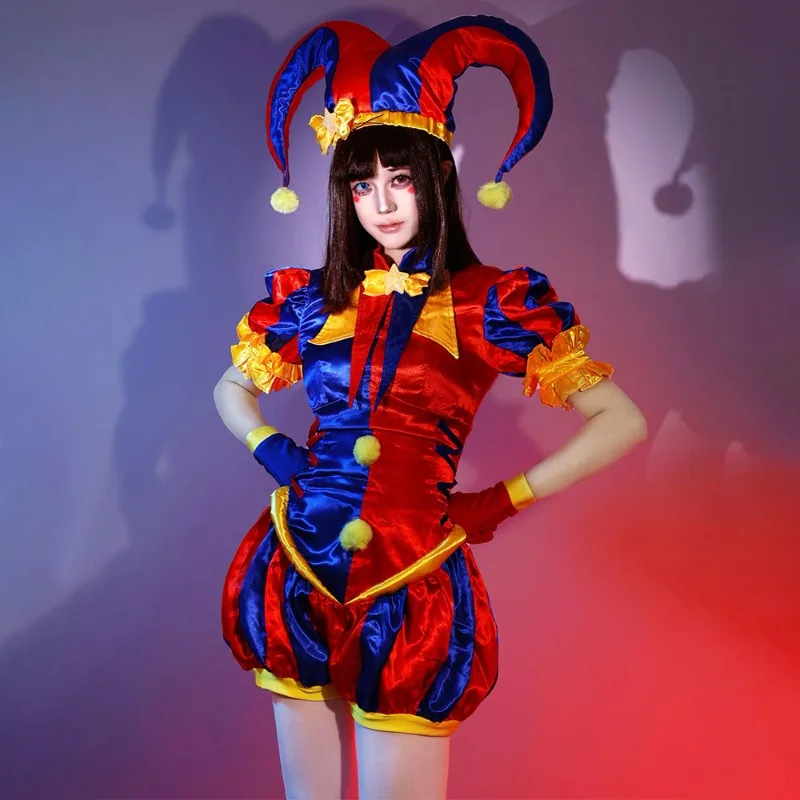 Erwachsenen-Clown-Kostüm für Frauen Narrenkostüm Blau-Roter Overall und Hut mit Handschuhen und Socken Weihnachts- und Halloween-Partykostüme Image