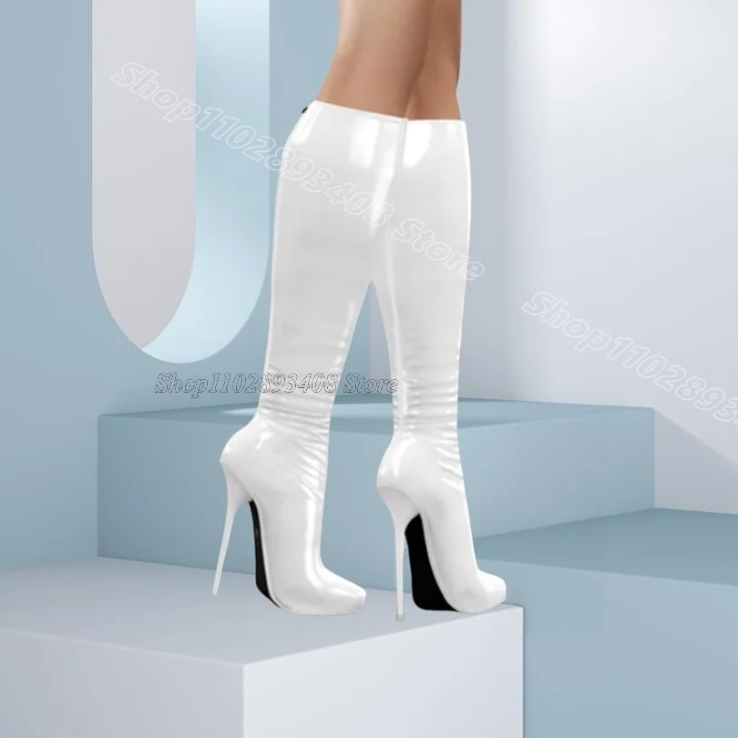 Weiß Zurück Zipper Knie Stiefel Spitz Solide Frühling Britischen Stil Design für Frauen Stiletto Sexy Stiefel Zapatos Para Mujere Image